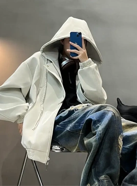 DISROBEING连帽皮衣夹克男美式简约宽松秋季情侣休闲外套百搭上衣