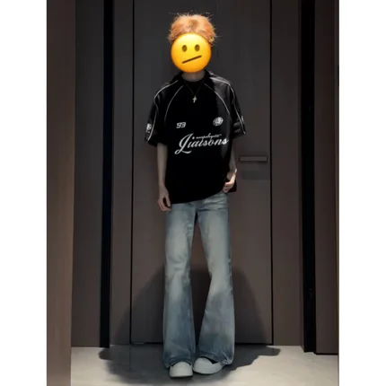 Areast美式赛车风撞色线条T恤字母印花宽松插肩短袖上衣男8235