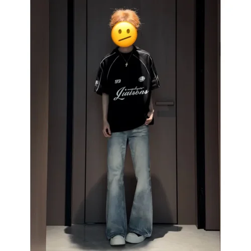 Areast美式赛车风撞色线条T恤字母印花宽松插肩短袖上衣男8235