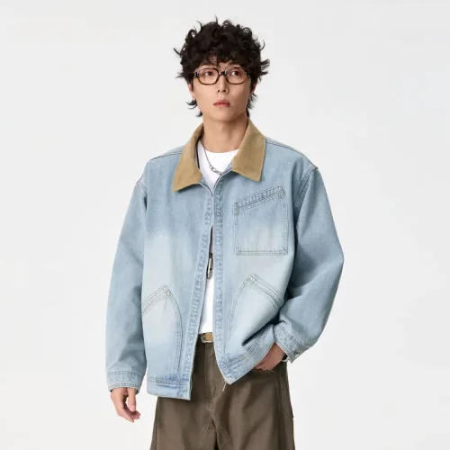 CEGFFH美式复古做旧水洗翻领牛仔夹克情侣宽松痞帅休闲风工装男