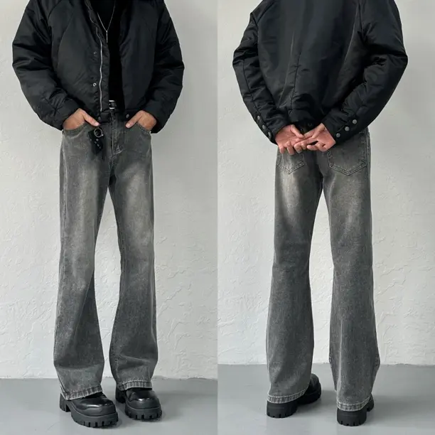 麻瓜兄弟“517 水洗磨白黑灰色宽松直筒微喇百搭Cleanfit牛仔裤潮