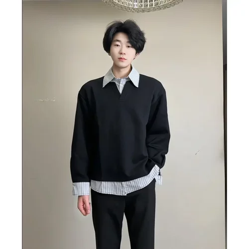 这一秒的心动假两件格纹polo衫翻领卫衣拼接撞色宽松长袖上衣男女