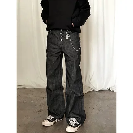 Design Create 五连扣未脱浆康龙原牛14.5OZ宽松直筒黑色牛仔裤男