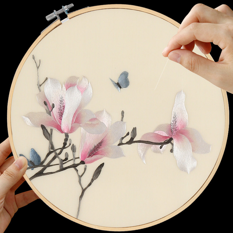 苏绣diy套件初学者手工刺绣自己绣材料包蝴蝶针迹图蚕丝线玉兰