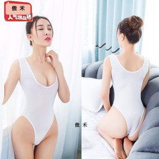 透视女生服夏天羞涩死库水泳衣高开叉 冰丝连体衣高弹丝滑开裆薄款