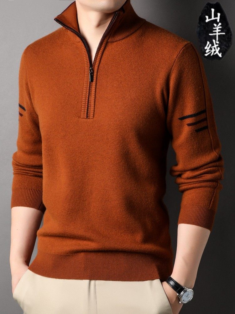 ORDOS 남성용 100% 캐시미어 스웨터 하프 지퍼 라운드 터틀넥 두꺼운 스웨터 베이스 따뜻한 모직 스웨터