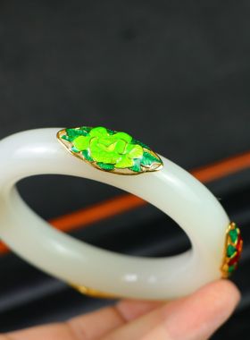 古玩收藏老白玉包金圆条手镯精品正圆女款玉镯子玉手环饰品