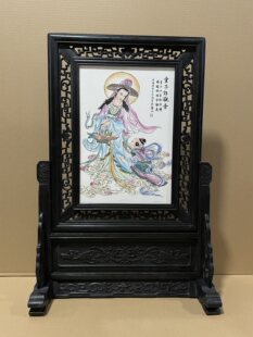 古玩古董老红木镶瓷板画〔童子人物〕条案摆台插屏家具装 饰收藏