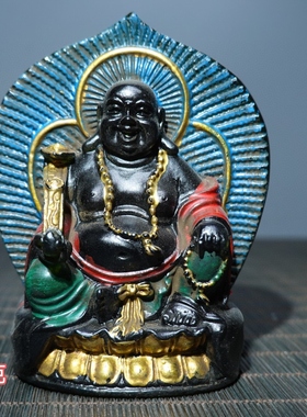 古玩收藏老货旧藏彩绘琉璃双面弥勒佛像摆件家居装饰品客厅摆设