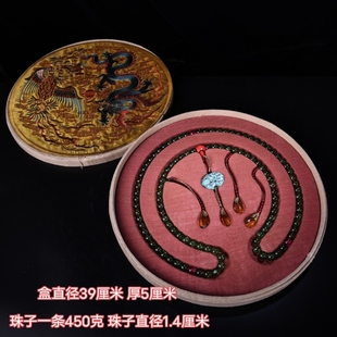 古董文玩旧藏收西瓜碧玺朝珠一条配老刺绣盒子老古董