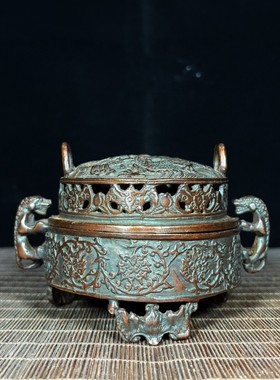 古玩杂项老货怀旧珍藏老物件回流精品纯铜狮耳炉客厅桌面香炉摆件