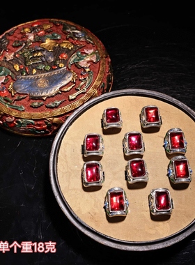 珍品旧藏老花丝工艺镶嵌景泰红宝石戒指一盒配浮雕彩绘漆器盒古玩