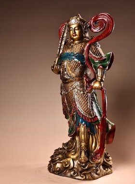 古玩收藏老铜器清代铜鎏金彩绘韦陀菩萨像铜像家用供桌供台