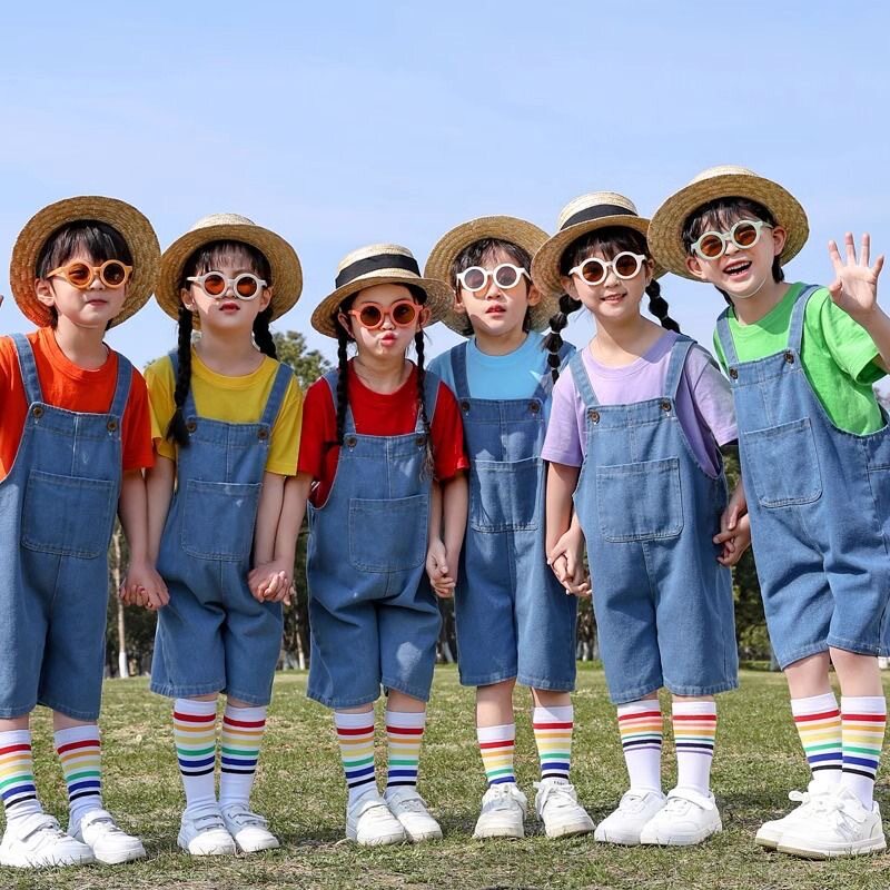六一儿童演出服糖果色T恤牛仔背带短裤裙套装幼儿园毕业照运动会