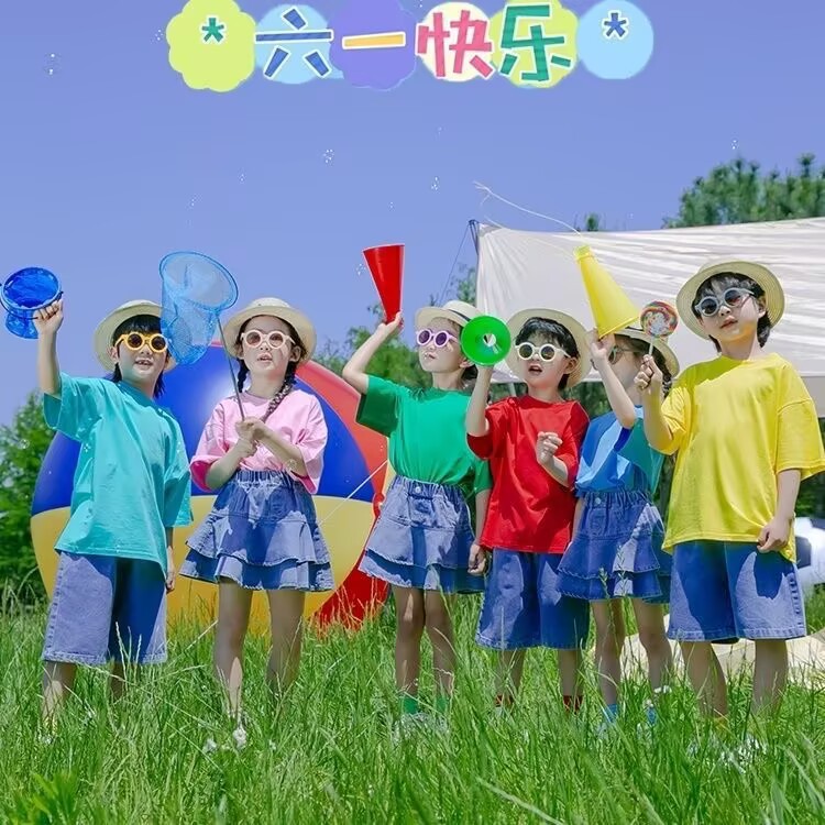 六一儿童演出服糖果色舞蹈服幼儿园毕业照彩色T恤牛仔短裤套装夏