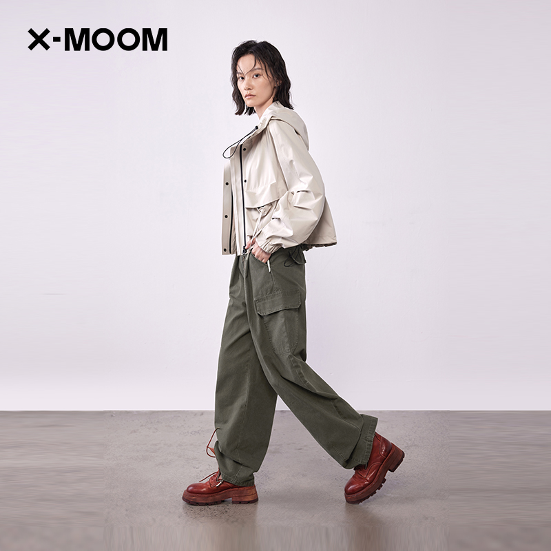 大折杆双拉链灰绿水洗裤