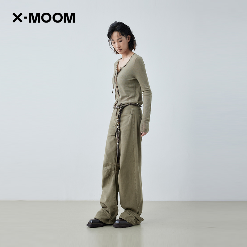 XMOOM撞色领口抽绳针织小开衫