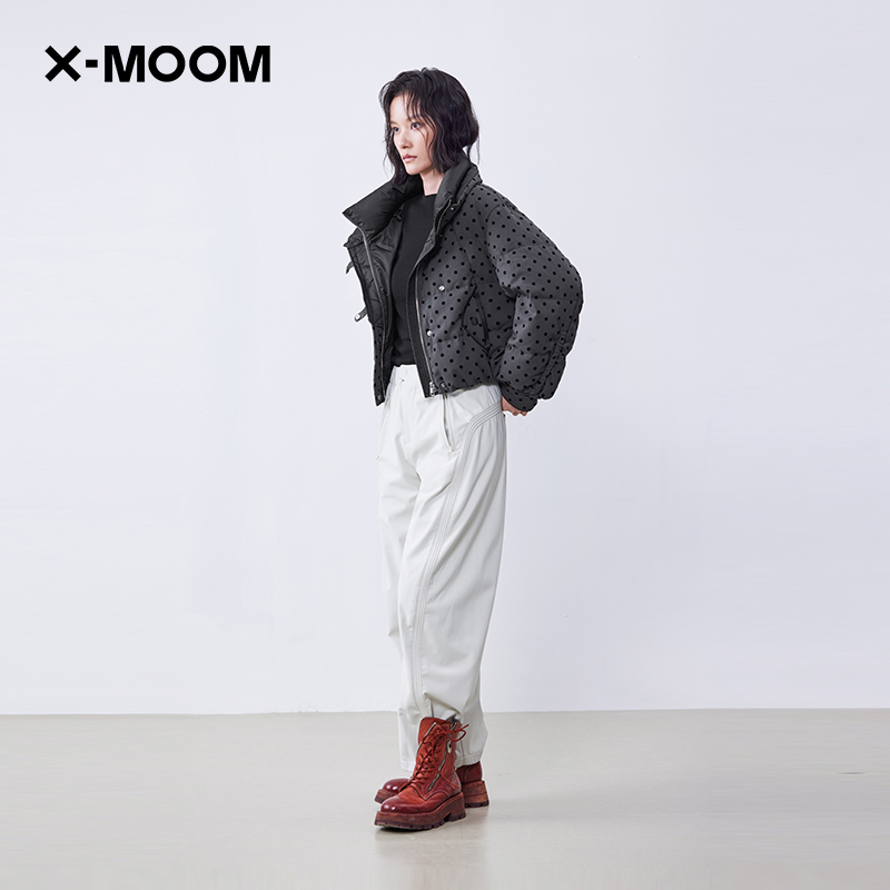 XMOOM波点撞色立领短款羽绒服