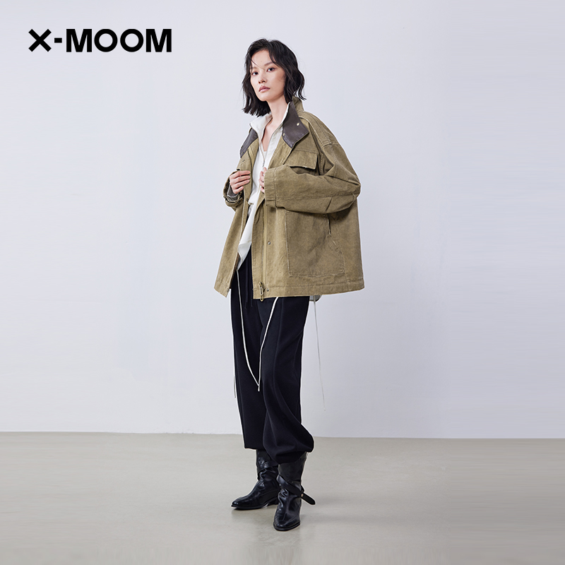 XMOOM洗水棉拼皮一手长巴恩外套