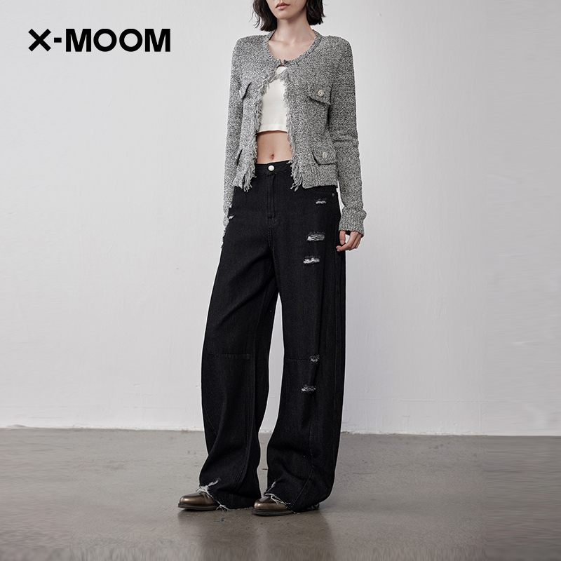 粗斜纹超软糯破洞牛仔镰刀裤