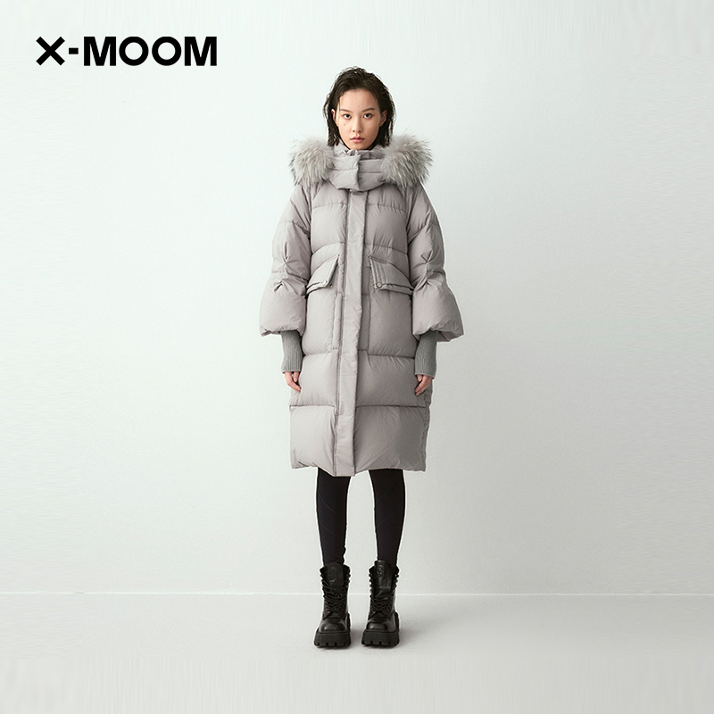 XMOOM带毛领喇叭袖长款羽绒服