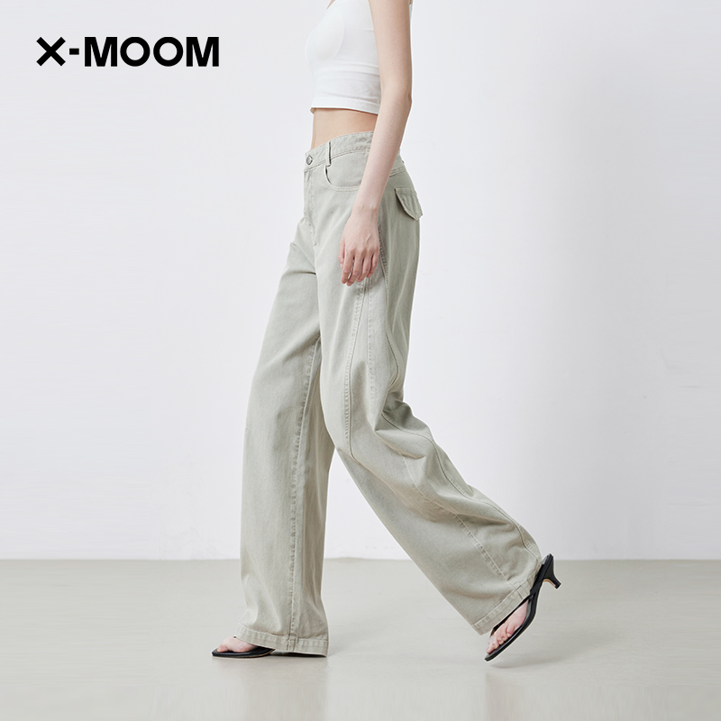 XMOOM侧缝插片沙色镰刀牛仔裤