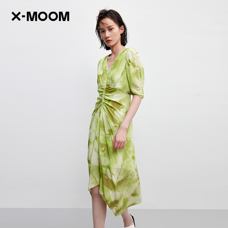 X--MOOM胸前抽皱渐变绿连衣裙