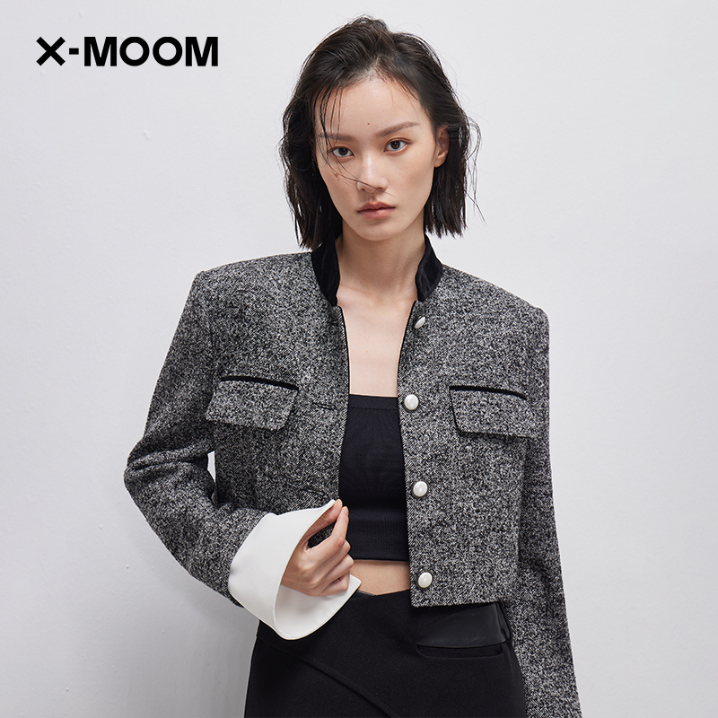 X--MOOM人字呢立领拼接短外套