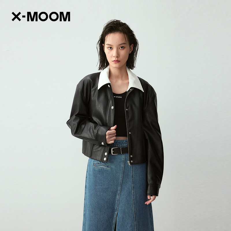 X--MOOM撞色领皮革外套