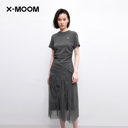 【商场同款】X--MOOM2023夏季新款网纱拼接收腰显瘦中长连衣裙女