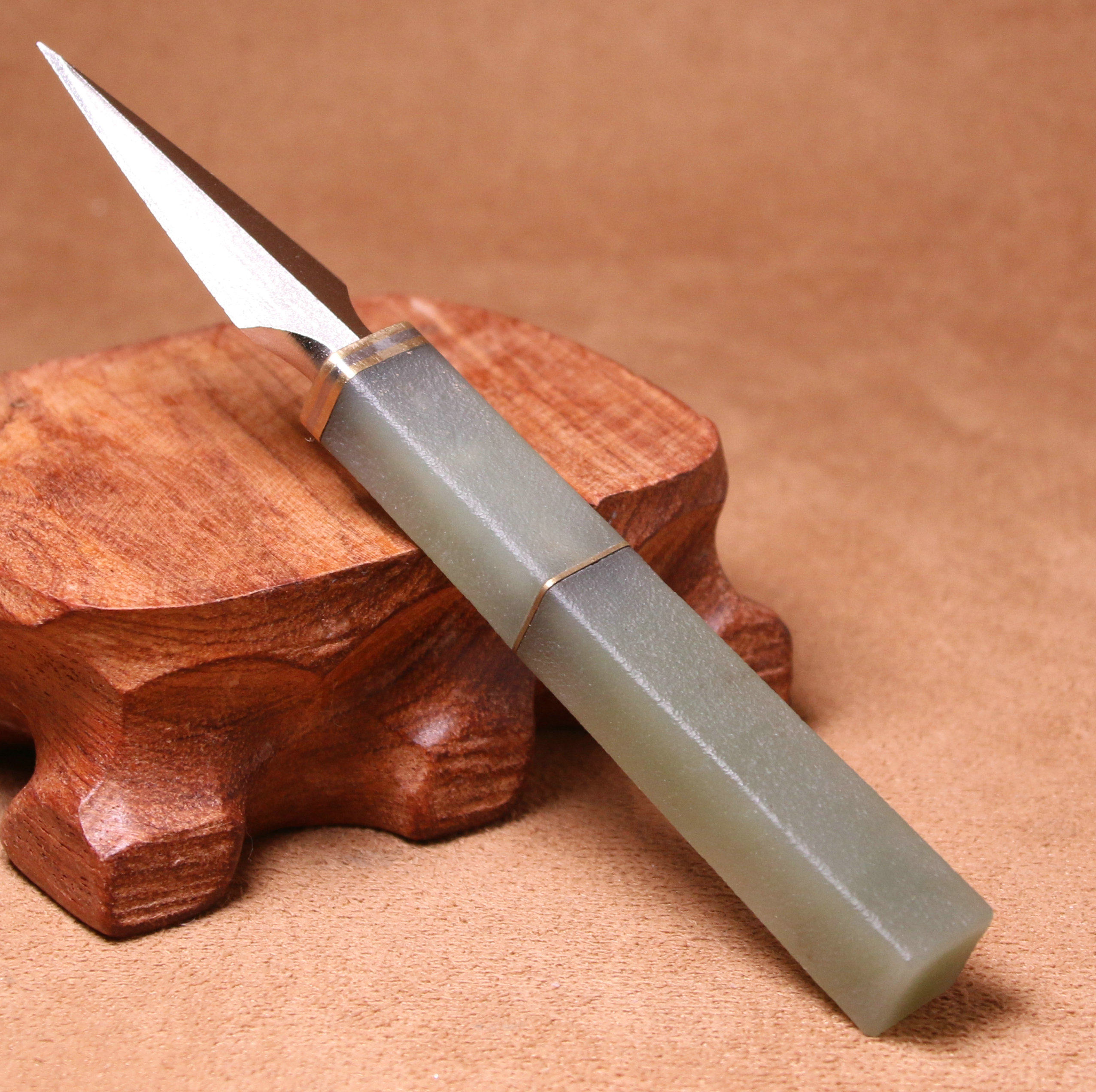 璞玉轩 天然新疆和田玉水晴玉经典精美镶嵌茶刀茶具 青玉茶道用具