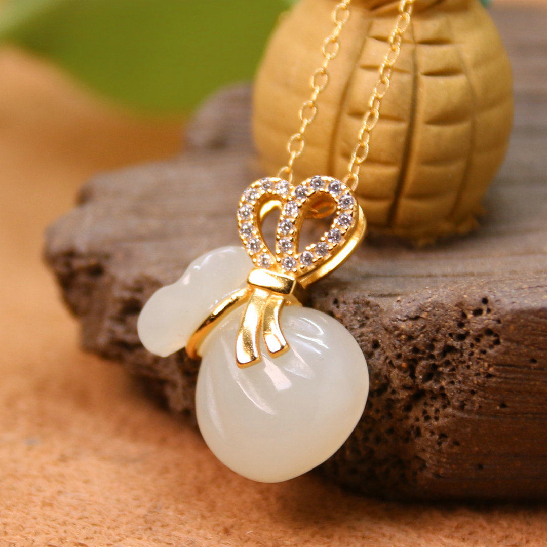 璞玉轩 天然新疆和田白玉钱袋子玉坠 女精美925银金镶玉福袋吊坠