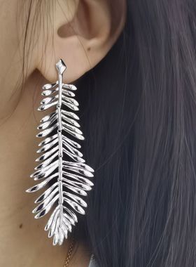 榴莲银饰 DURIAN 通体925银镀铑金羽毛大耳环欧美风夸张流苏耳钉