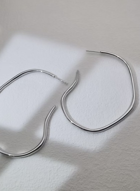 榴莲银饰 DURIAN 通体925银镀铑金不规则大耳圈 简约设计感耳环