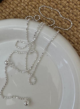 S925银小众设计感四方闪光珠珠链抽拉项链女韩版韩式风简约毛衣链