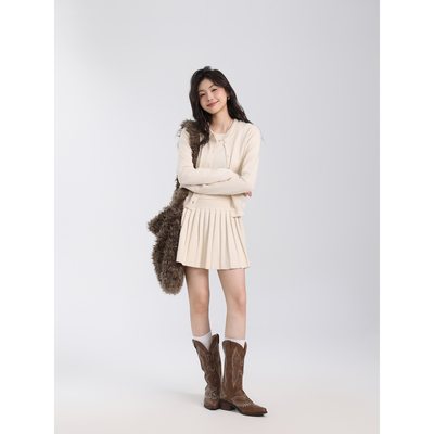 Creamsu叙白 早秋新款针织套装裙子女小个子薄开衫百褶短裙三件套