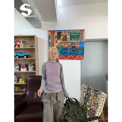 可拆卸袖子条纹撞色连帽背心上衣