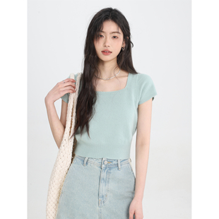 现货Creamsu叙白 春夏季新款绿色上衣短款打底内搭方领针织短袖女