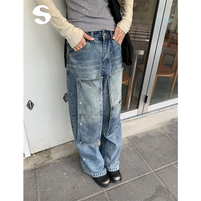 重工水洗金属可拆卸休闲牛仔裤