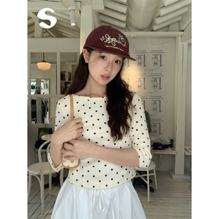 Sleep at 11 少女感复古波点船领修身百搭早秋打底七分袖T恤上衣
