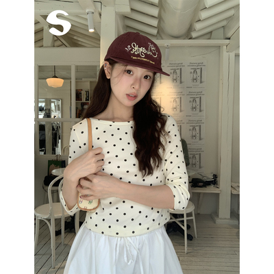 少女复古波点船领修身七分袖T恤