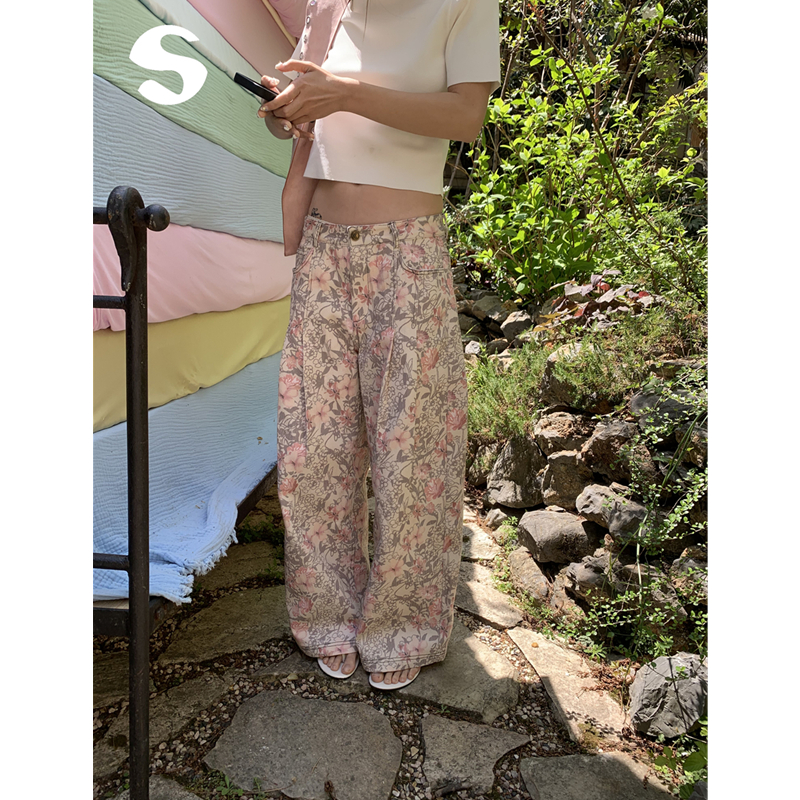 复古水洗花花低腰直筒休闲牛仔裤