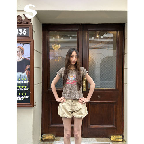豹纹卡通天使印花短袖T恤上衣女