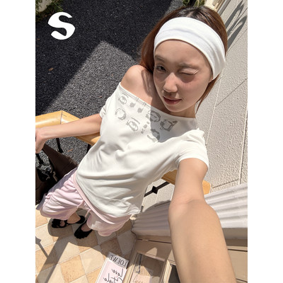 韩系字母印花斜肩白色短袖T恤夏