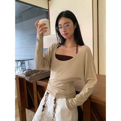 Creamsu叙白 韩系大u领挂脖长袖T恤两件套女秋季慵懒收腰显瘦上衣