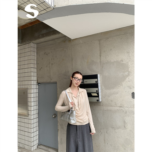 复古荡领Polo领假两件宽松上衣