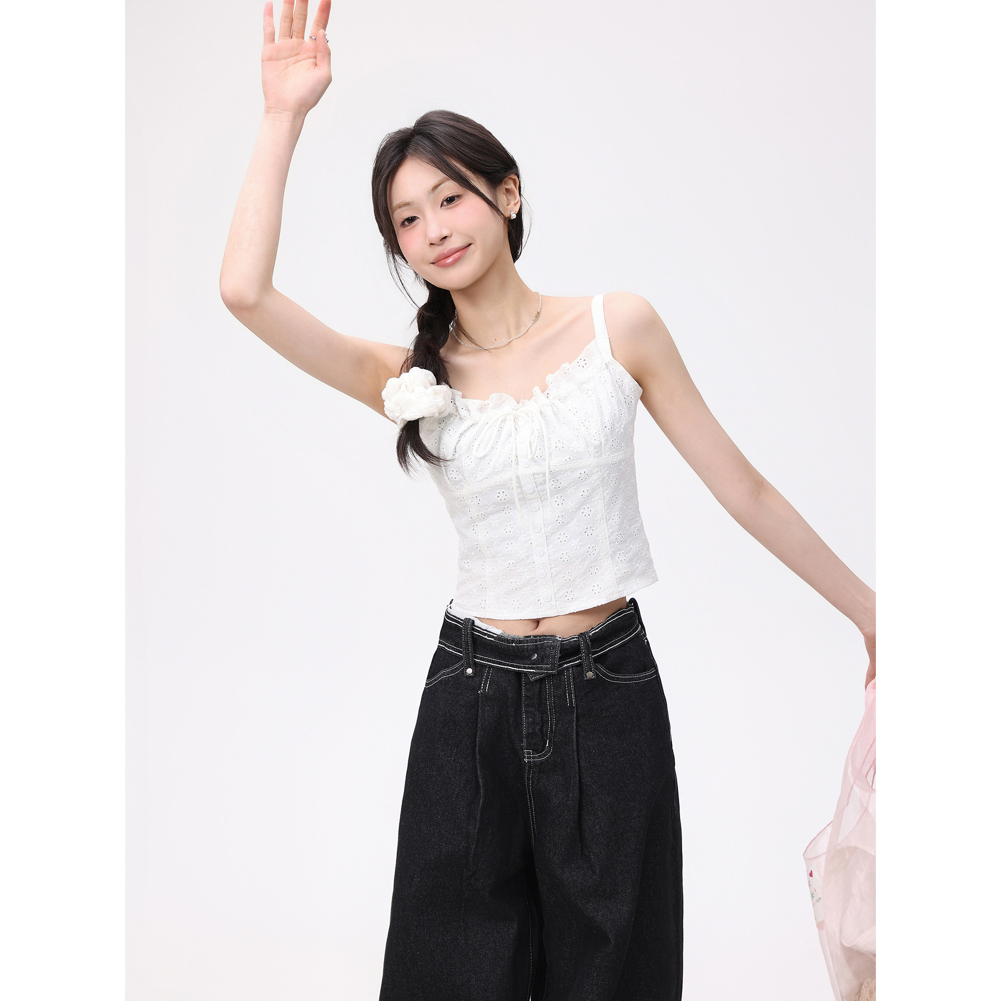Creamsu叙白 白色蕾丝钩花吊带背心女夏季甜酷少女风显瘦气质上衣图片