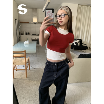 夏日漂亮上衣天丝撞色短袖T恤女