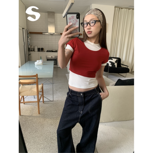 夏日漂亮上衣天丝撞色短袖T恤女