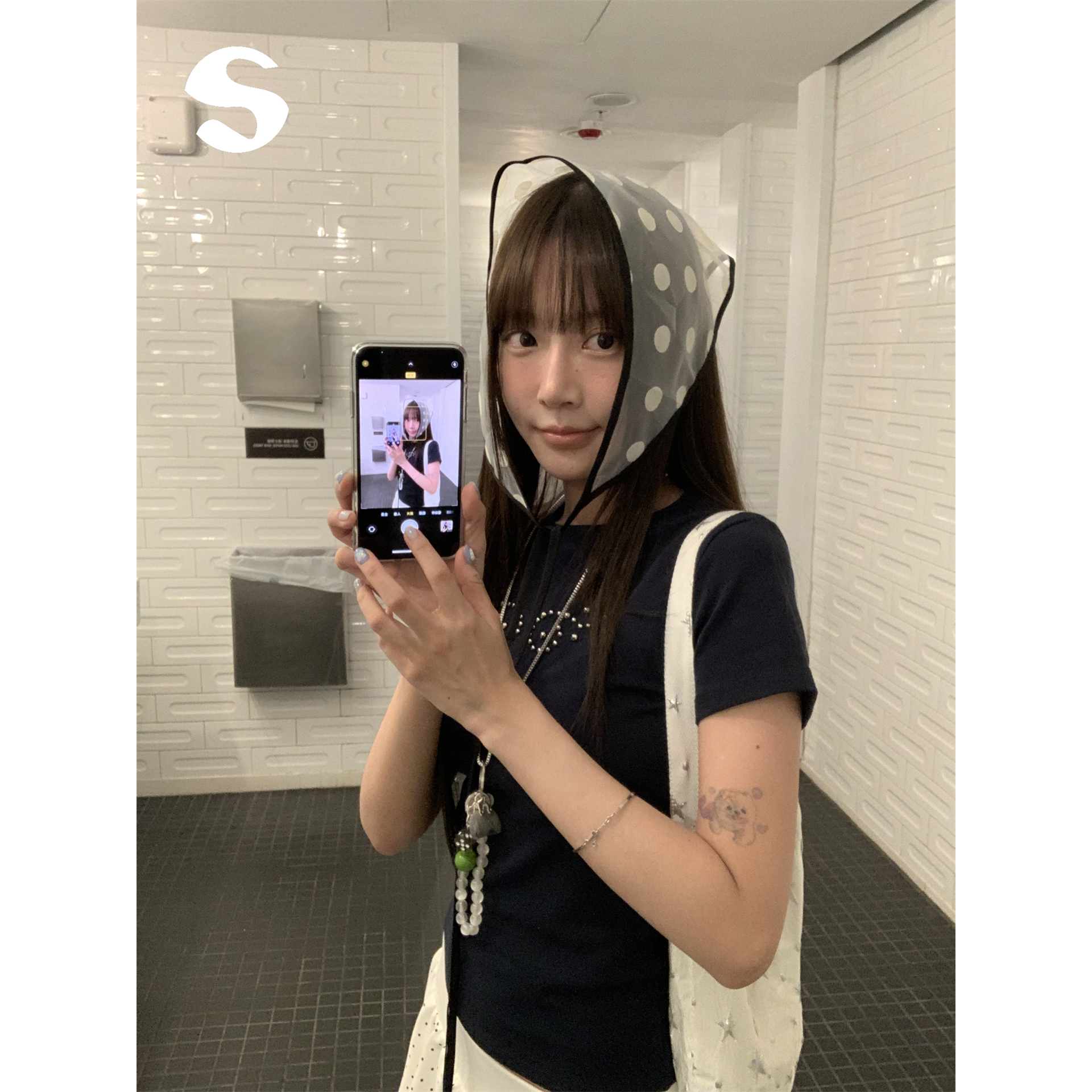 波点装饰三角头巾网纱丝巾夏薄款